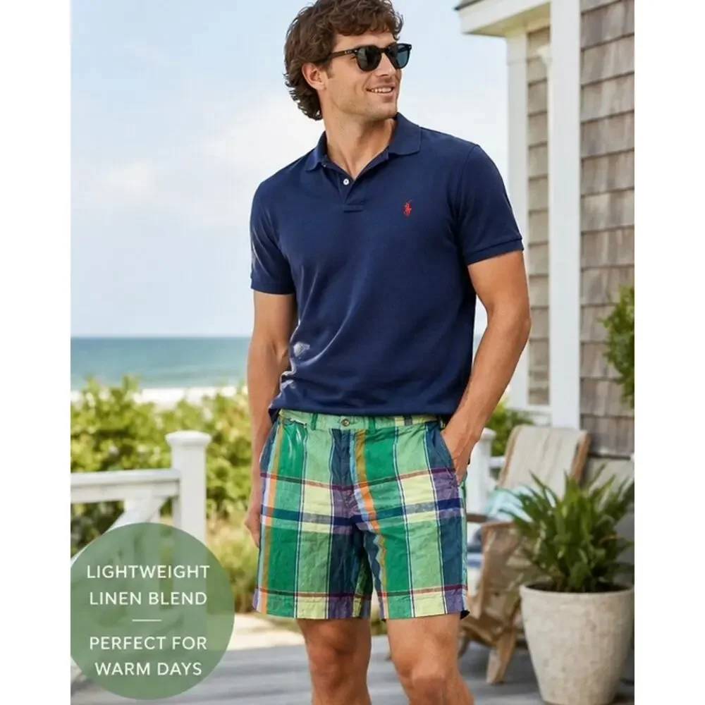 Polo Ralph Lauren Madras Linen Shorts Mens Classic Green Plaid Preppy Summer 35